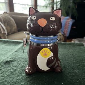 Boston Warehouse Cute Brown Cat Blue Collar Hinged Treat Jar NEW Old Stock